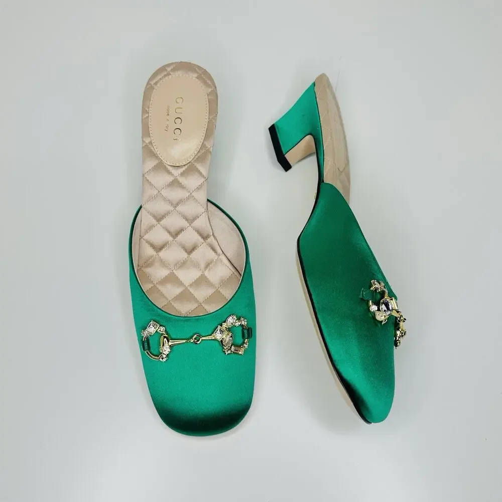 NIB Gucci Horsebit Crystals Satin Mules IT 36 US 6 Slip On Emerald Green Sandal - Picture 8 of 15